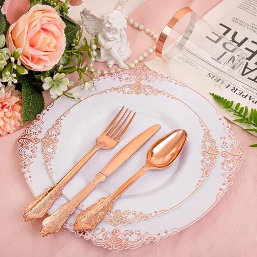 Miniatura 3 de Morejoy - Juego de vajilla de plástico de 175 piezas en oro rosa y plata: 25 platos, 25 tenedores, 25 cuchillos, 25 cucharas, 25 tazas, 25 Oro