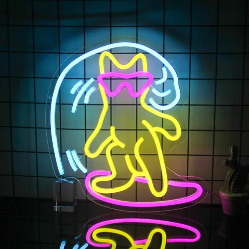 Letrero de Neón de Gato Surfeando Letrero de Neón de Gato Surfista Genial Letreros LED para Pared Tabla de Surf Colorida Luz de Neón Regulable
