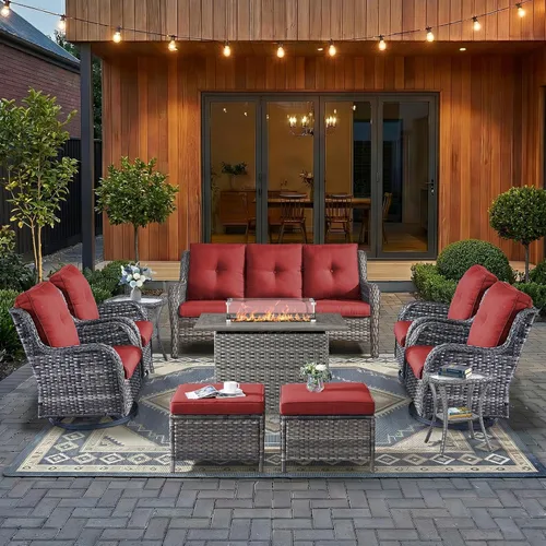 Miniatura 80 de HUMMUH Silla mecedora giratoria de ratán de 3 piezas para exteriores, juego de muebles de bistró de patio con cubierta, silla de mimbre acolchada