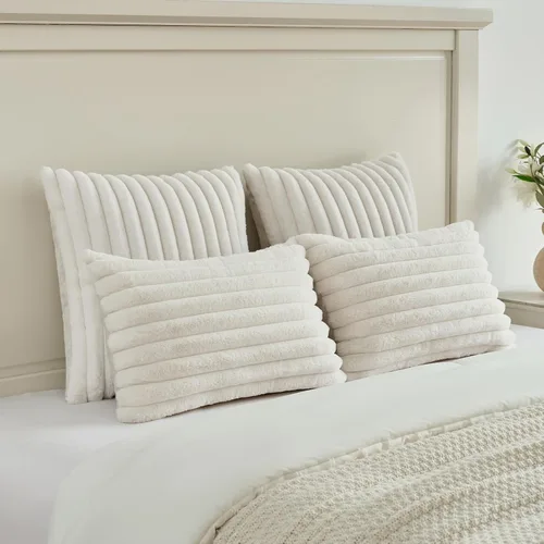 Miniatura 5 de FUTEI - Juego de 2 fundas de almohada decorativas con rayas, cuadradas, para invierno, piel sintética de conejo suave y acogedora y respaldo