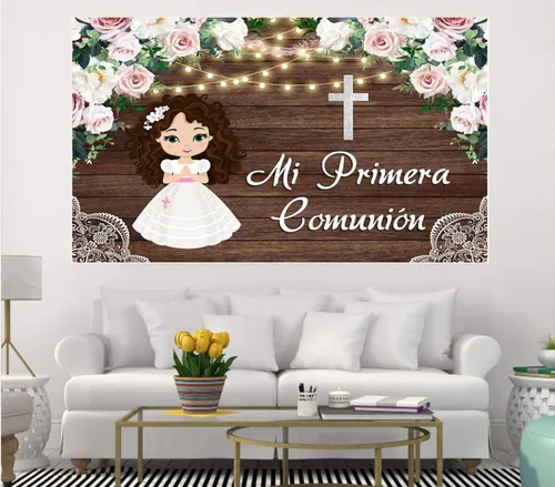 Miniatura 4 de Fondo fotográfico Flores bautismales, panel de pared de madera marrón, cortina de fondo decorativo para estudio de fotografía (5 x 3 pies)