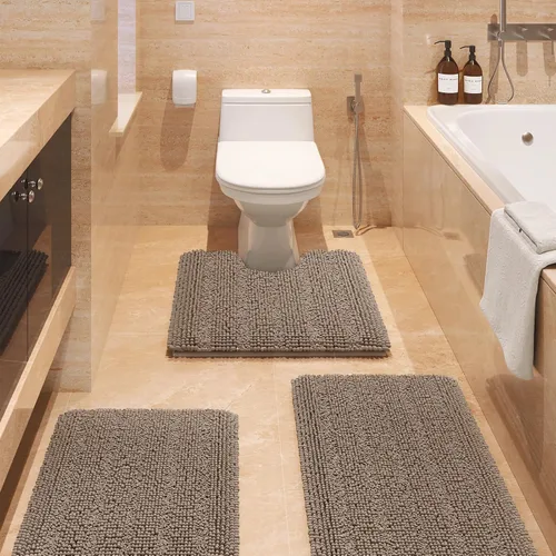 Miniatura 38 de ACCUMTEK - Juego de alfombras de baño a rayas beige de 3 piezas, ultrasuaves, antideslizantes de chenilla, alfombras de baño mullidas y absorbentes