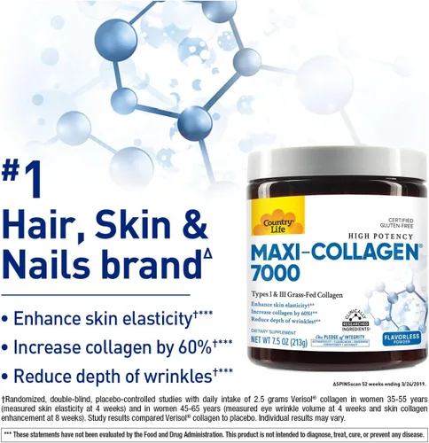 Miniatura 2 de Country Life Maxi-Collagen 7000 Powder - Péptidos de colágeno bioactivos Verisol, vitamina C, A y biotina, 4,500 mg de colágeno alimentado con pasto