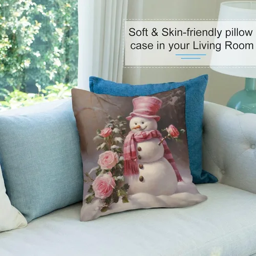 Miniatura 8 de Funda de cojín de muñeco de nieve con rosas rosadas, bufanda y sombrero, funda de almohada para cama, decoración moderna para sofá, dormitorio, sala