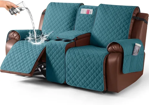 Miniatura 22 de KinCam Funda 100% Impermeable para Loveseat Reclinable con Consola, Fundas Antideslizantes para Sofá Reclinable de 2 Asientos, Funda para Sofá