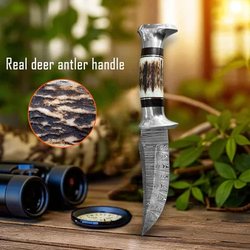 Miniatura 3 de Cuchillo de caza de Damasco con funda de cuero, cuchillos de caza de hoja fija para hombres con mango de asta de ciervo - Cuchillos de regalo