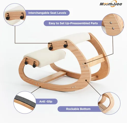 Miniatura 5 de Silla ergonómica, mecedora ajustable para oficina en casa, silla de rodilla de madera para aliviar el dolor de espalda, color beige