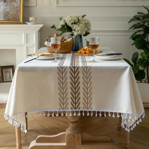Miniatura 12 de Oubonun Mantel rectangular de lino de algodón, resistente a las arrugas y resistente al agua, lavable a máquina con borlas para cocina y comedor, 55