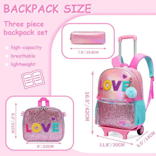 Miniatura 9 de Mochila con ruedas para niñas, mochila escolar con ruedas, bolsa escolar con bolsa de almuerzo y bolsa para lápices, mochila con ruedas para niños