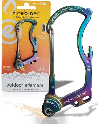 OUTDOOR ELEMENT Firebiner Custom Engraved 6-in-1 Fire Starter Carabiner Multitool – Survival Gear EDC Keychain with Utility Blade, Bottle Opener,