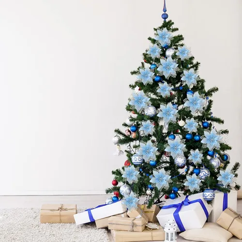 Miniatura 5 de Geosar 24 piezas de flores de Pascua con purpurina para Año Nuevo, flores artificiales en capas, adornos para árbol de boda y Año Nuevo, 3/4/6 Azul