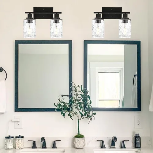 Miniatura 2 de MELUCEE Iluminación de pared interior 2 luces mate negra con vidrio martillado transparente, lámpara de pared moderna para tocador de baño