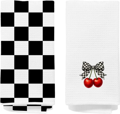 Miniatura 15 de Toallas de mano de cereza para cocina y baño – Toallas de té decorativas retro a cuadros en blanco y negro, accesorios de decoración de cocina