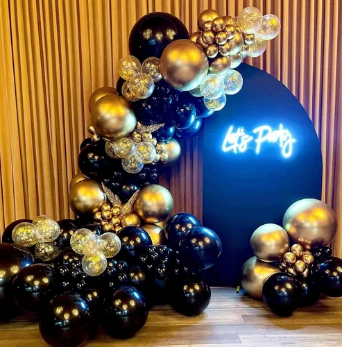 Miniatura 5 de Bezente Kit de guirnalda de globos de oro negro, 100 globos de confeti cromado metálico dorado negro y dorado con cinta para Año Nuevo 2026, boda