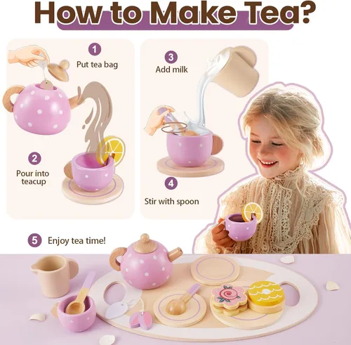 Miniatura 3 de BUYGER Juego de fiesta de té de madera para niñas pequeñas, juego de simulación de cocina para niños pequeños, accesorios de cocina de princesa