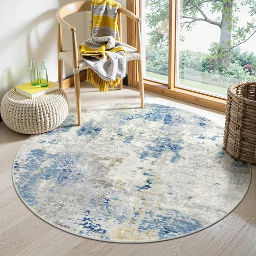 Miniatura 12 de Lahome Alfombra redonda moderna abstracta de 3 pies, color azul, lavable, de 3 x 3 pies, para cocina, entrada, suave, pequeña, antideslizante