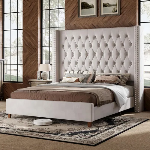 PaPaJet Base de cama California King con cabecera de ala de 61.4 pulgadas de alto, plataforma tapizada de terciopelo, no necesita somier, sin ruido