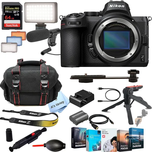 Nikon Z5 Cámara digital sin espejo 24.3MP cuerpo (sin lente) + micrófono de disparo + LED siempre encendido + tarjeta de velocidad extrema de 64 GB,