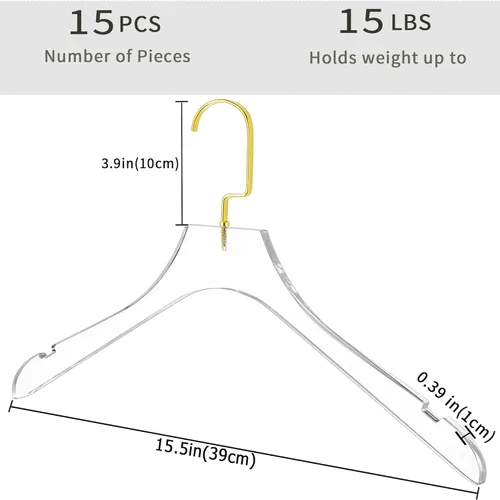 Miniatura 6 de Besser - Perchas acrílicas transparentes, paquete de 15 unidades, perchas acrílicas de alta calidad transparentes con ganchos dorados, perchas
