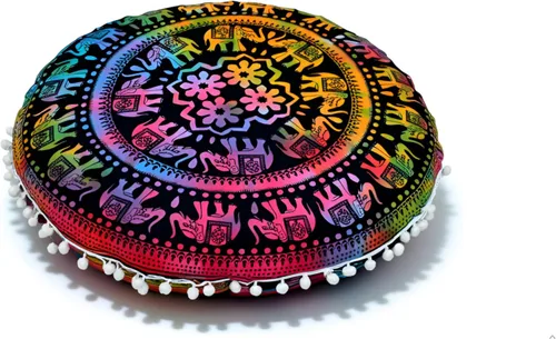 Miniatura 13 de Funda redonda para cojín de piso con mandala, estilo hippie, decorativa, bohemio, para puf otomano, con pompones, fundas de almohada, boho, indio