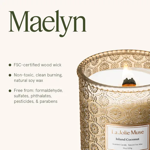 Miniatura 6 de LA JOLIE MUSE Vela de vainilla y coco – Coco, freesia y vainilla Vela de mecha de madera grande de 19 oz Cera de soja natural 90 horas de Isla