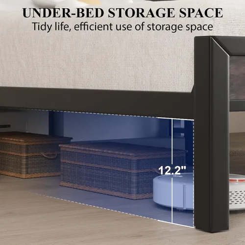 Miniatura 8 de LOEWAY Base de cama tamaño Queen con cabecera de almacenamiento y luces LED, cama plataforma industrial con estación de carga, listones de metal Gris