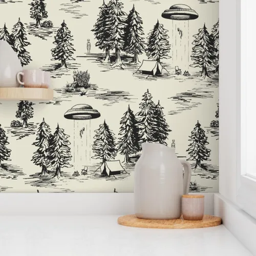 Miniatura 8 de Spoonflower Papel Tapiz Despegar y Pegar Muestra - OVNI Grande Negro Toile De Jouy Abducción Alienígena Espacio Acampada Papel Tapiz Removible
