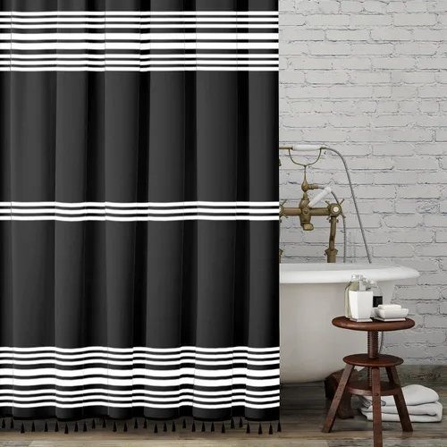 Seasonwood Cortina de ducha negra a rayas blancas de tela moderna con borlas negras, cortinas de ducha bohemias para decoración de baño,