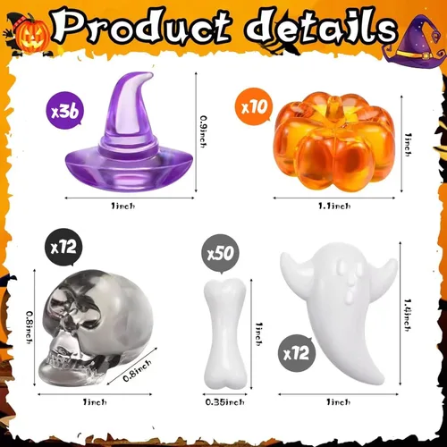 Miniatura 2 de 120 piezas de sombreros de bruja pequeños de calabaza acrílica, cabeza de calavera, huesos de esqueleto, lindos adornos de fantasma, mini acrílico