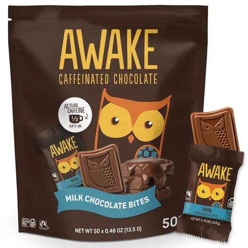 Miniatura 14 de AWAKE - Bocaditos de chocolate con cafeína - Chocolate con leche crujiente, 50 piezas - 50 mg de cafeína - Dulces envueltos individualmente