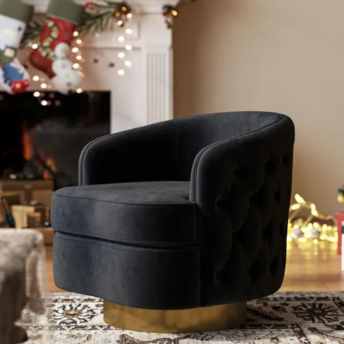 Miniatura 4 de Hyfirm Silla decorativa moderna negra, sillón giratorio de barril para sala de estar, sillas cómodas de terciopelo con botones, asiento de sofá