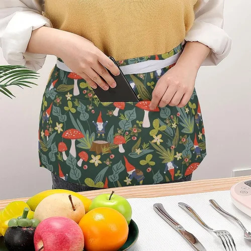 Miniatura 3 de Delantal de media cintura con patrón de hongos con 3 bolsillos para restaurante con correa larga, delantales a juego para mujeres y hombres