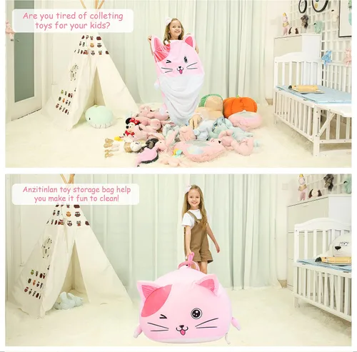 Miniatura 5 de Anzitinlan Lindo puf de gato para niños, puf de almacenamiento de animales de peluche rosa para decoración de habitación de niñas