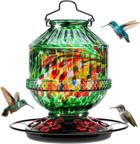 Miniatura 11 de Comederos de vidrio soplado para colibríes para exteriores, comedero de néctar para pájaros silvestres de 25 onzas con percha y 5 puertos
