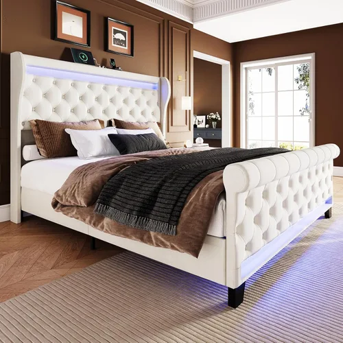 Belffin Armazón de Cama Tamaño King con Cabecero, Cabecero Tapizado de Terciopelo de 50 pulgadas de Alto, Cama Plataforma con Luces LED y 2 Puertos
