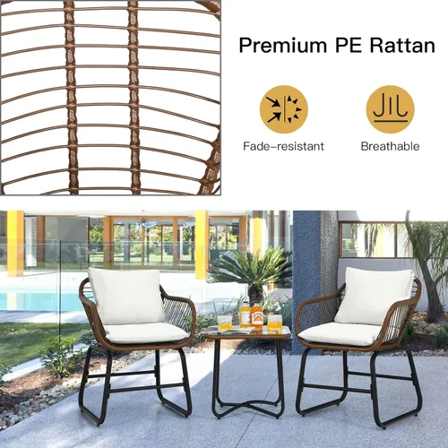 Miniatura 6 de COSTWAY 3PCS Patio Rattan Bistro Set Silla acolchada Mesa de vidrio Cubierta Blanco 3-Como se muestra en la imagen.