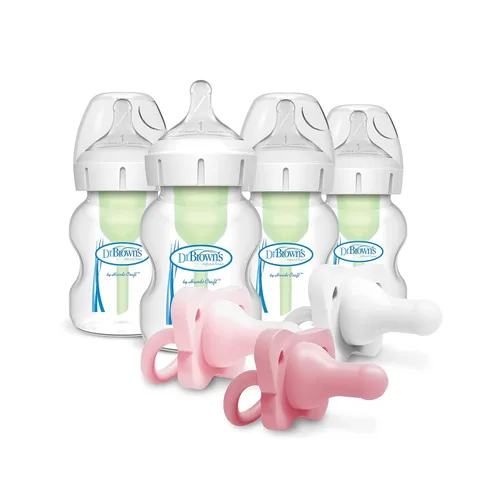 Dr. Brown's Natural Flow Anti-Colic Options+ Biberón de cuello ancho, 5 oz/5.1 fl oz, pezón nivel 1, paquete de 4, 0.0 ft+ con HappyPaci chupete