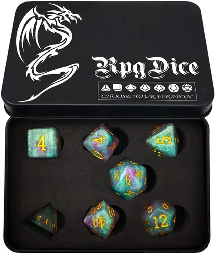 Miniatura 23 de Bescon Fantasía Arco Iris Brillante Dados Poliédricos 7pcs Set Caramelo de Medianoche, Juego de dados RPG Luminoso Resplandor en la oscuridad