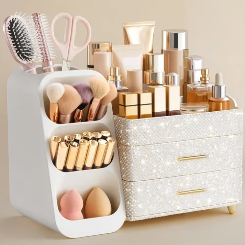 Miniatura 13 de HBlife Organizador de maquillaje con soporte para brochas para tocador, organizador grande de plástico para tocador de baño, almacenamiento