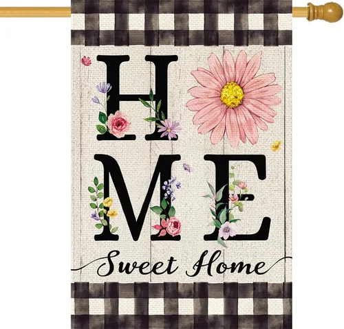 Miniatura 9 de ORTIGIA Home Sweet Home - Bandera de jardín de magnolia de doble cara de 12.5 x 18 pulgadas, para primavera y verano, a cuadros, pequeña bandera