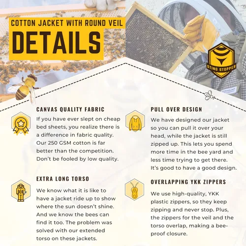 Miniatura 4 de Sting Stopper - Chaqueta de apicultura para adultos con velo redondo y sombrero para protección contra picaduras de abeja de miel con lona