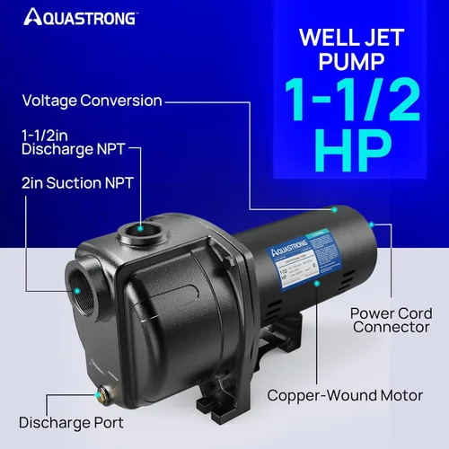Miniatura 3 de AQUASTRONG Bomba centrífuga de chorro de pozo poco profundo de 1.5 HP, 4250 GPH, 115/230 V, bomba de refuerzo de hierro fundido duradera