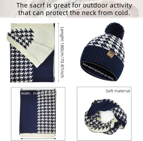 Miniatura 3 de Conjunto de gorro de invierno cálido para mujer, bufanda larga, guantes para pantalla táctil, clásico a cuadros, de punto calavera, bufandas