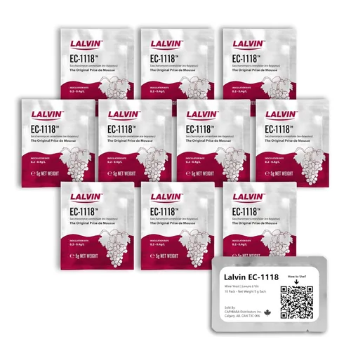Lalvin EC-1118 levadura de vino (paquete de 10) - Levadura para champán - Haz vino, sidra, kombucha y mezcal en casa - Sobres de 5 g - Saccharomyces