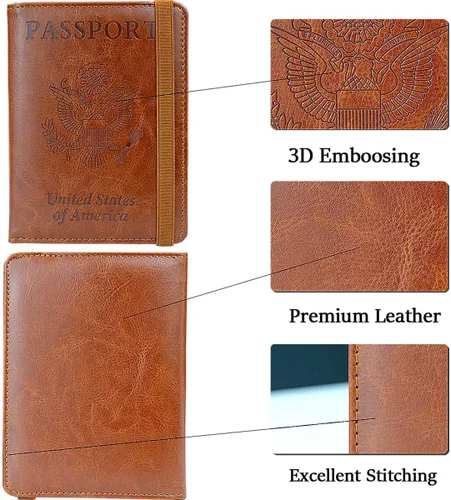 Miniatura 3 de Juego de tarjetero para pasaporte y vacuna, funda con protector transparente de ranura para tarjeta de vacunación, bloqueo RFID de cuero