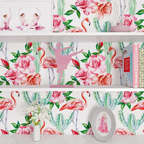 Miniatura 5 de ReWallpaper Papel tapiz de flamenco rosa con cactus tropical, para despegar y pegar, extraíble, de 17.5 x 10 pies, papel de contacto floral