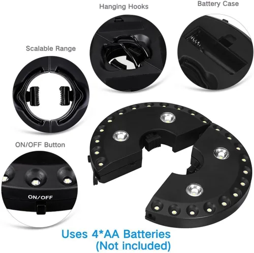 Miniatura 6 de OYOCO Luz para sombrilla de patio, 3 modos de brillo, inalámbrica, 28 luces LED a 200 lúmenes, 4 pilas AA, luz de poste para sombrilla de patio
