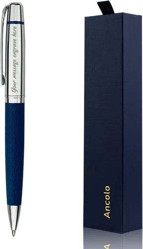 Ancolo Bolígrafo cromado plateado personalizado, impresionante bolígrafo de lujo con piel sintética, personaliza tu mensaje, nombre. Set de regalo