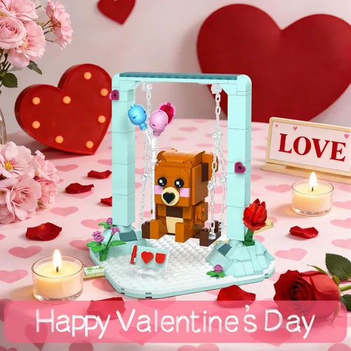 Miniatura 2 de Nubee Juguetes de construcción de oso marrón de San Valentín compatibles con Lego, lindos juegos de construcción de osos oscilantes con corazón