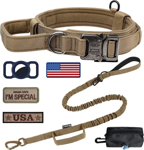 Miniatura 11 de Juego de collar y correa táctica para perro: collar de perro de nailon ajustable con asa que absorbe los golpes, correa retráctil fuerte para perros